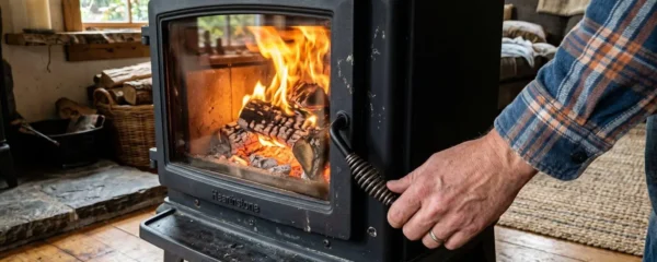 Gros plan d'une main ajustant le levier de réglage d'arrivée d'air primaire sur un poêle à bois en fonctionnement, flammes visibles à travers la vitre