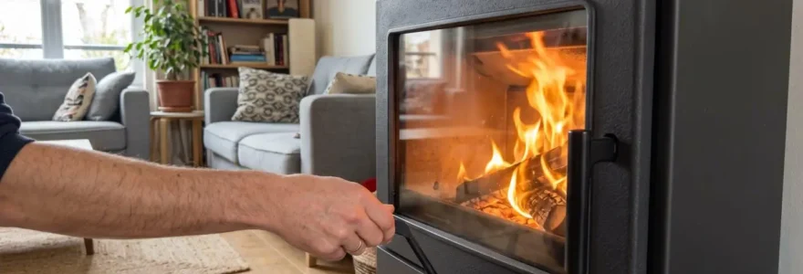 Gros plan d'une main ajustant le levier de réglage d'arrivée d'air primaire sur un poêle à bois en fonctionnement, flammes visibles à travers la vitre