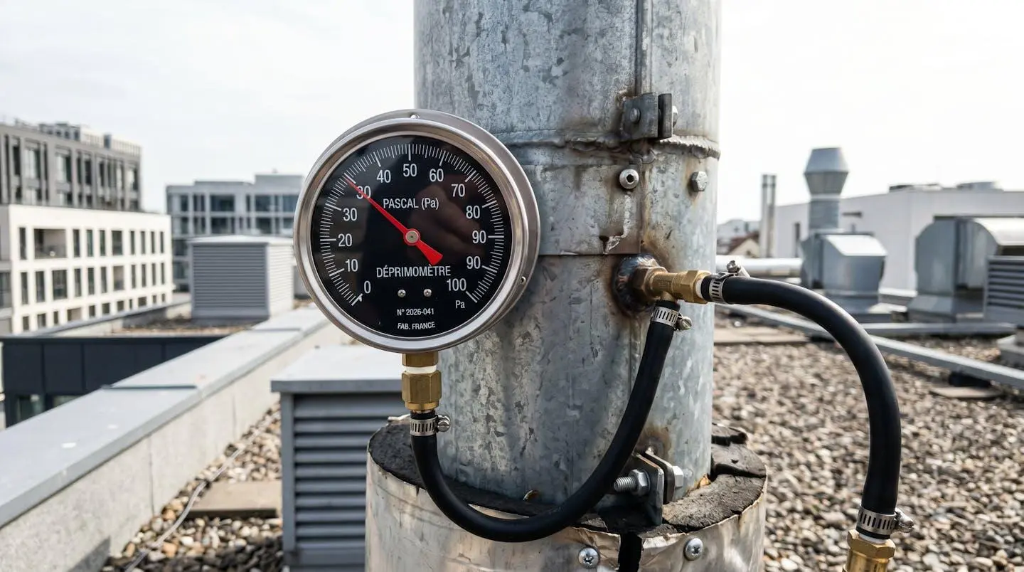 Gros plan d'un manomètre déprimomètre branché sur un conduit de fumée métallique, affichant l'échelle de mesure en Pascals