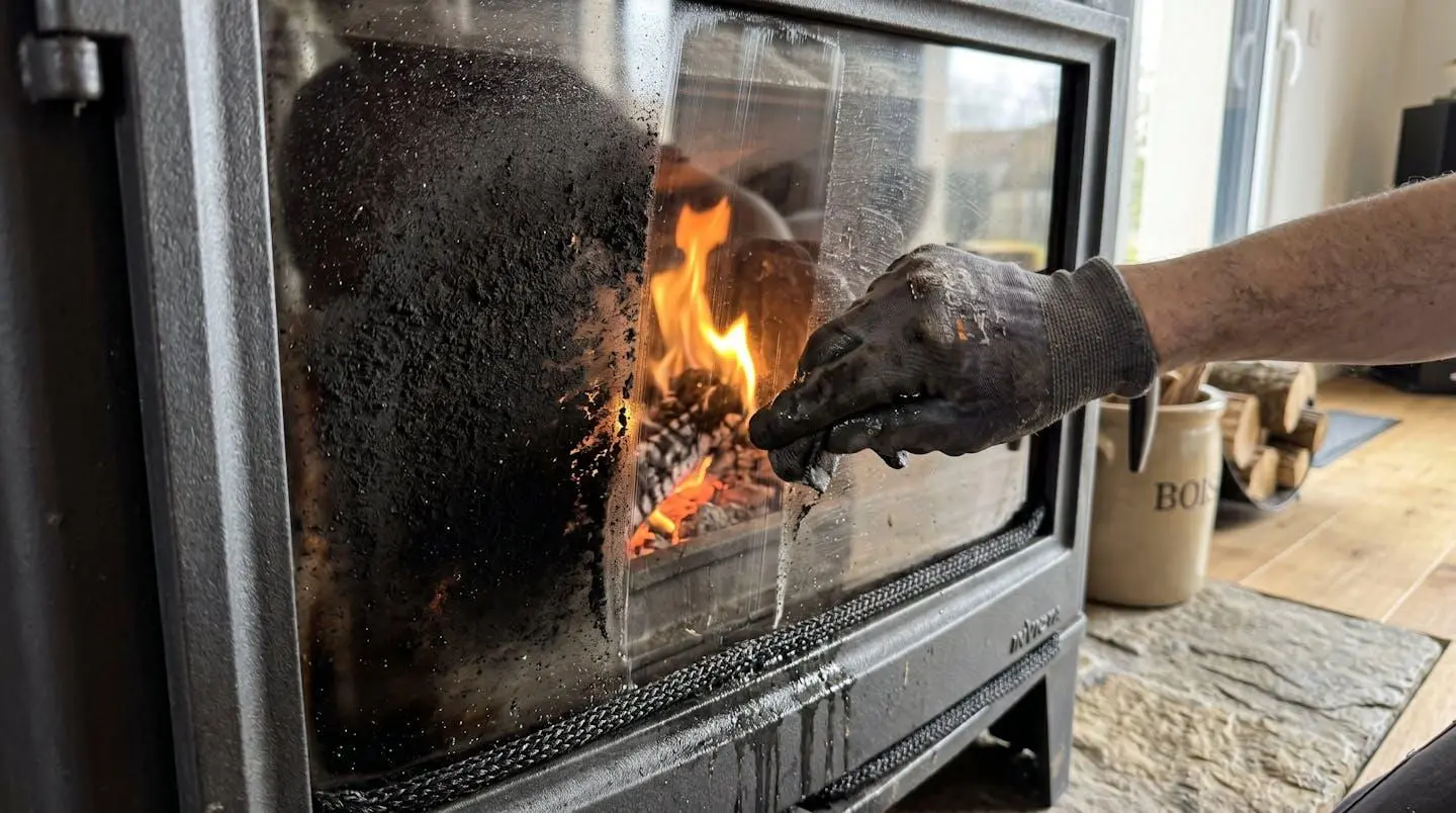 Gros plan sur une vitre de poêle à bois présentant des traces noires de suie, une main gantée essuie la surface créant un contraste entre la zone propre et la zone encrassée