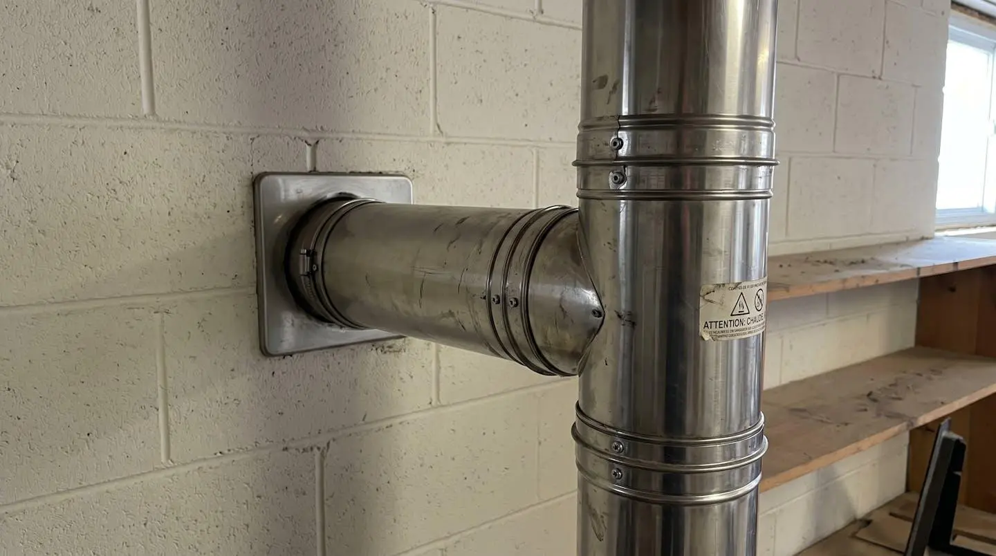 Vue rapprochée d'un conduit de fumée en acier inoxydable avec joints visibles entre chaque segment fixé contre un mur intérieur