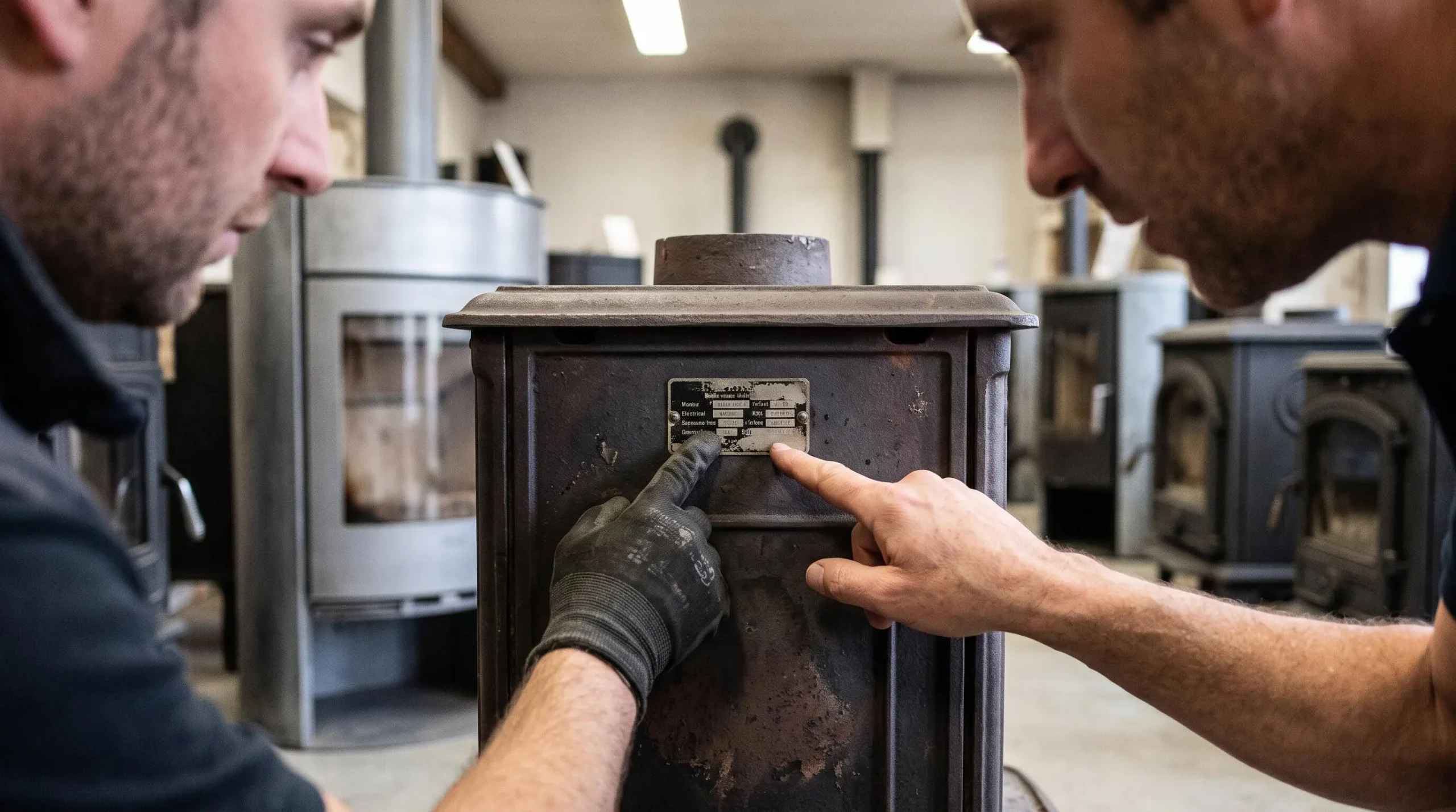 Un installateur montre la plaque signalétique d'un poêle à bois à une cliente.